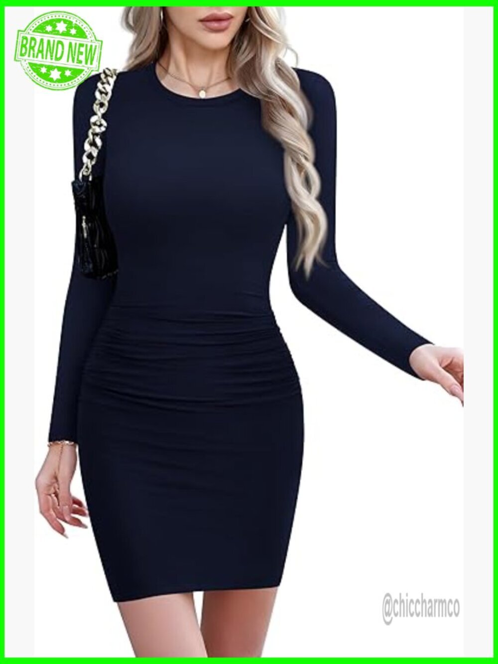 Women's Bodycon Ruched Short Dress Crew Neck Long Sleeve Casual Basic